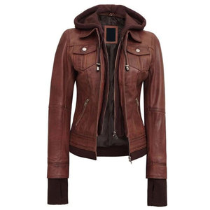 Women's Hooded Brown Leather <b>Jacket</b> - 2-in-1 Versatile Biker Style - Fashionable Slim Fit Ladies Leather Outerwear - Product Image 6