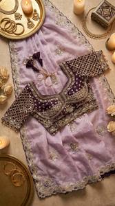 Prayosha Export Heavy Embroidered <b>Saree</b> Set Soft <b>Satin</b> Fabric Ready Made Blouse Lace Border Traditional Dress Wedding Party - Product Image 5