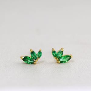 <b>Silver</b> 10K <b>Solid</b> Gold Tiny Emerald Marquise Stud <b>Earrings</b> Trio Gemstone Dainty May Birthstone Minimalist Wedding IGI Certified - Product Image 1
