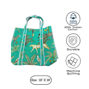 Turquoise Premium Sustainable Bohemian Summer Lightweight Hand Block Printed Quilted Cotton Tote <b>Bag</b> Office Shopping Gifting - Product Image 3