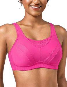 Women's <b>Pink</b> Racerback Sports Bra Scoop Neck Medium Support Breathable Mesh Fitness Workout Yoga Top Seamless Solid Style - Product Image 3