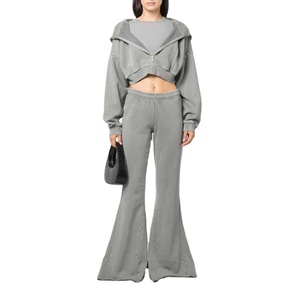 Ensemble de survêtement et de yoga pour femme en coton 100% délavé à l'acide, avec pantalon évasé et sweat à capuche, collection 2026 - Product Image 3