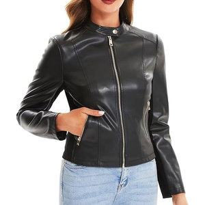 Veste moto en cuir PU noir pour femme, manches longues, fermeture éclair, col montant, coupe courte, style automne - Product Image 3