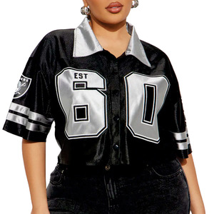 T-shirt court en satin pour femme, style maillot de football, streetwear, boutonné sur le devant, manches courtes rayées, en polyester, noir, séchage rapide - Product Image 3