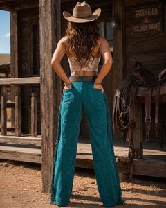 Womens Breathable <b>Winter</b> Suede Leather Pants Handmade Mid Waist Crocheted Western Cowgirl <b>Bell</b> Bottom Leather Trousers - Product Image 3
