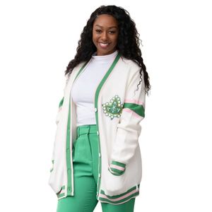 Cárdigan Retro a Rayas Natural para Mujer, Estilo Griego con Letras Tejidas, Botones, Prenda Casual Premium - Product Image 1