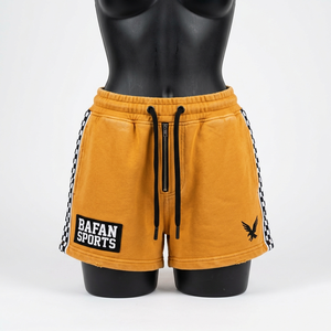 <b>Women</b> Booty <b>Shorts</b> 280 GSM Cotton Polyester Fleece Mustard Yellow <b>Checkered</b> Side Panels Custom Logo <b>women's</b> <b>shorts</b> - Product Image 4