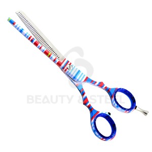 Ciseaux professionnels en acier inoxydable pour la retouche des cheveux avec imprimé rayé multicolore et lame texturante à 30 dents - Product Image 1