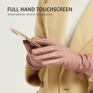 Gants en cuir pour femmes, gants d'hiver à écran tactile, chauds, pour la conduite, en peau d'agneau, doublés de cachemire, rose - Product Image 5