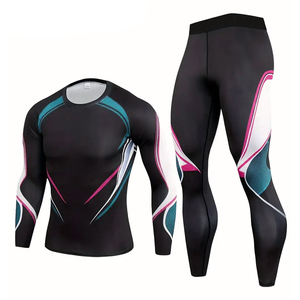 Conjunto de entrenamiento de compresión para hombre, servicio OEM ODM, poliéster y spandex, camiseta de manga larga con cuello redondo y pantalones largos ajustados. - Product Image 1