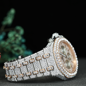 Montre chronographe bicolore sertie de diamants Moissanite, en acier inoxydable plaqué or rose, montre de luxe Hip Hop, vente en gros - Product Image 2