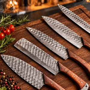 Custom Handmade Five-Piece Chef <b>Set</b> Ambidextrous Damascus Steel Straight Edge Durable <b>Sharp</b> Blades Wood Handle - Product Image 3