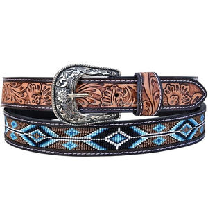 Fabricant de ceinture OEM Ceinture à boucle en métal Western Indian Handmade Fashion Ceinture en cuir véritable perlée brodée Western Leather Belt - Product Image 2