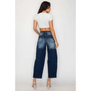 Jean en denim bleu foncé taille haute à jambe large, séchage rapide, léger, tissé, uni, pour l'été, le voyage, les activités de plein air et les loisirs - Product Image 3