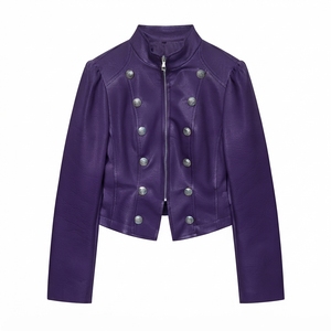 Chaqueta de Motocicleta de Cuero PU para Mujer, Cuello Alto, Manga Larga Abullonada, Doble Botonadura, Corta, Color Sólido, para Otoño - Product Image 5