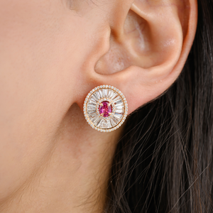 18K Solid Gold Pink <b>Tourmaline</b> Stud <b>Earrings</b> with Cushion Cut Diamond Cluster - Product Image 1