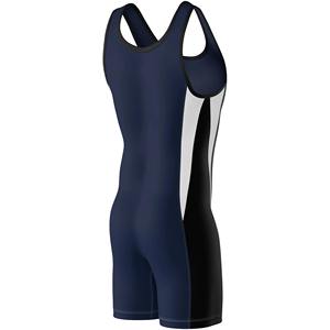 Men's Fitted Wrestling Singlet One-Piece Spandex Nylon Stretch <b>Blue</b> With White And Black Stripes Adult Martial Arts Wear - Product Image 3