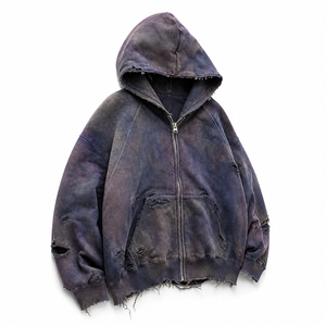 Sudadera con capucha para hombre OEM personalizada, 100% algodón, con cremallera, efecto desgastado, lavado ácido vintage, corte holgado, estilo urbano - Product Image 3