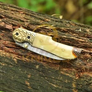 Custom Damascus Steel Folding Hunting <b>Knife</b> Natural <b>Bone</b> <b>Handle</b> Leather Sheath Outdoor Camping Pocket EDC <b>Knife</b> - Product Image 6