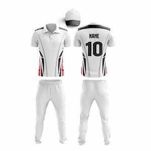 Custom Sublimated Cricket Uniform Set White Red Black Team Name Number 10 Breathable Short Sleeve Men's All Seasons Apparel - Product Image 1