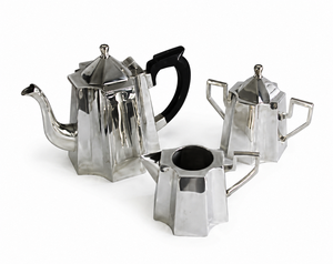 Ensemble de service à café et thé en acier inoxydable de qualité supérieure, artisanal, durable, écologique, avec cafetière, sucrier et crémier, design géométrique moderne - Product Image 1