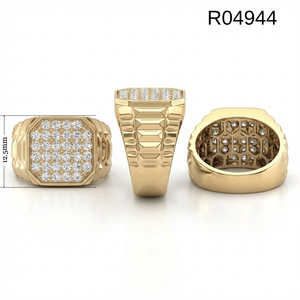 Bague Chevalière Diamantée pour Homme en Or Jaune Massif 18 carats, Naturelle et Authentique, Massif et Épaisse, avec Tête Carrée et Bande Cannelée Pavée, Bijoux de Luxe - Product Image 5