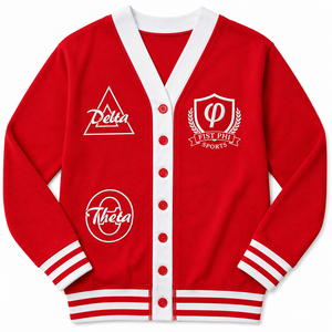 เสื้อคาร์ดิแกนถักไหมพรมสีแดงและสีขาว คอวี ลายตัวอักษรกรีก DST ของชมรมเดลต้า ปักด้วยไหมเชนีล สำหรับพี่น้องในกลุ่ม - Product Image 1