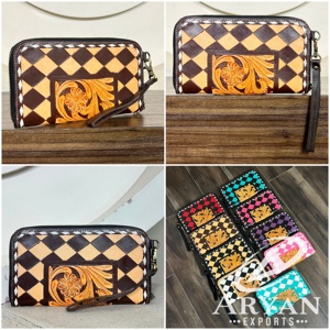 Rustic Western Hand Tooled Genuine Leather Checkered Pattern Cluche <b>Purse</b> Zipper With Luxury Flower Design Women's Daily Use - Product Image 1