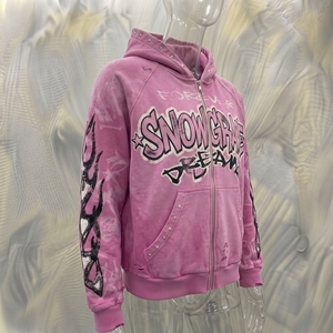 Snowgrace <b>Pink</b> Hooded Zip-Up <b>Sweatshirt</b> French Terry Oversized Streetwear Design Pocket Front Print Autumn Wear Unisex - Product Image 2