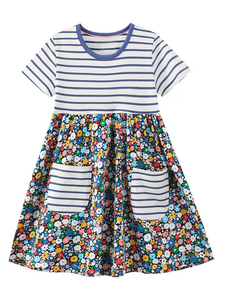 Girl Ball Gown Short Sleeve Crewneck Dress Spring Summer Breathable Cotton Flower Printing Blue White Stripe Pocket Bow Cute - Product Image 3