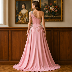 Vestido de Noche Largo de Lujo Rosa Rubor con Hombro Descubierto, Cuentas y Cintura Natural, Estilo Tubo, para Fiesta, Graduación o Invitada de Boda - Product Image 4