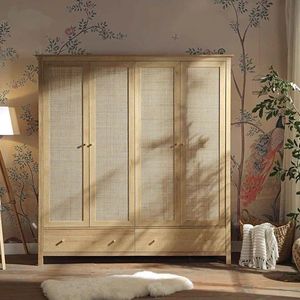 Armario Moderno de Madera de Teca Sólida con Ratán, Armario de 4 Puertas para Dormitorio, Mueble de Almacenamiento Estilo Escandinavo - Product Image 1
