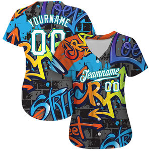 Dernier modèle de maillot de baseball léger, respirant et à séchage rapide, avec logo OEM personnalisé, motif géométrique graffiti, design authentique blanc et turquoise - Product Image 2