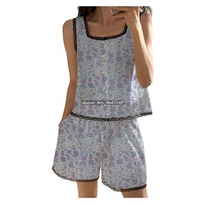 Conjunto de Pijama Clásico con Estampados Índigo, Hecho a Mano en India, con Ribete de Encaje de Algodón, Pantalones Cortos, Conjunto de Pijama sin Mangas con Estampado Floral para Primavera/Verano - Product Image 4