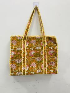 Women Handmade Quilted Cotton <b>Boho</b> Style Tote <b>Bag</b> Mustard for Drawstring Closure Large Shoulder Carry for Retail Export Alif - Product Image 1