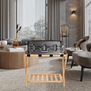 Soporte Plegable de Bambú para Maletas con Estante, Soporte de Dos Niveles para Maletas con Correas de Nailon, No Requiere Ensamblaje, para Dormitorio u Hotel - Product Image 5