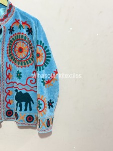 Hand Embroidered Uzbek Blue Cotton Jacket With <b>Animal</b> <b>Pattern</b> Mandarin Collar Spring Women's Prairie Chic Style - Product Image 3