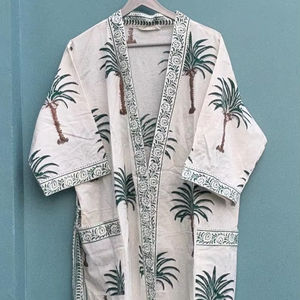 Kimono de Algodón con Estampado de Palmeras Estilo Boho, Kaftán para Festivales, Elegante Bata Informal - Product Image 1