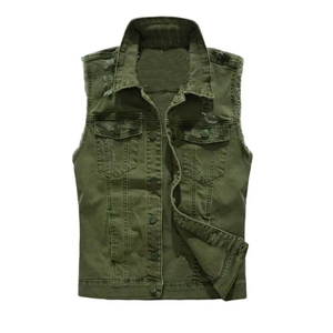 Chaleco Vaquero Verde Oliva Personalizado para Hombre - Chaqueta de Mezclilla sin Mangas, Corte Ajustado y Estilo Desgastado para Exportación - Product Image 4
