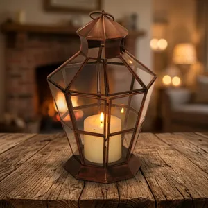 Hexagon <b>Brass</b> <b>Lantern</b> With Glass Panels Durable Outdoor Candle Holder Home Decoration - Product Image 2