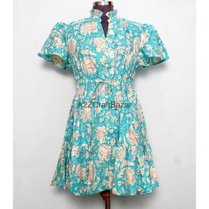 Robe Courte Femme 100% Coton Tricotée Col V Manches Courtes Taille Haute Coupe Évasée Imprimé Floral Numérique Lavable Respirante Idéale Bureau - Product Image 2