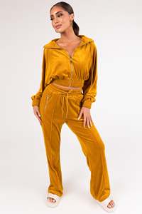 Ensemble de survêtement en velours pour femmes grandes tailles, jaune moutarde, couleur unie, col rond, manches longues, coupe ample, taille élastique, vêtements décontractés pour l'automne - Product Image 2