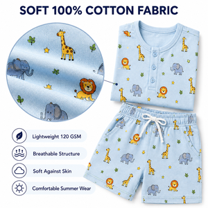Kids Printed T-Shirt & Shorts Set 100% Cotton Cartoon <b>Animal</b> <b>Pattern</b> Summer Casual Wear Light Blue Full-Body Print - Product Image 4