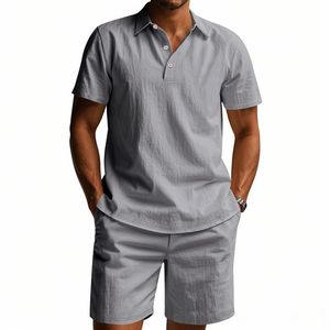 Conjunto Casual de Verano para Hombre de Dos Piezas, 100% Algodón, Traje de Playa Corto Tejido, Camisa y Pantalones en Colores Sólidos - Product Image 1