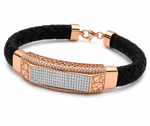 18KT Solid Gold Black Braided <b>Leather</b> Diamond <b>Bracelet</b> for Men High Polish Geometric Luxury Design Wedding Party Gift Fine - Product Image 2