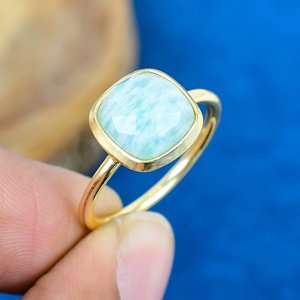 Natural Amazonite Cushion Shape Gemstone 18k Gold Plated Bezel Handmade Minimalist <b>Ring</b> For Girl - Product Image 1