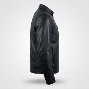 <b>Men</b> Real Black Leather Cafe <b>Racer</b> <b>Jacket</b> Stand Collar Zipper Biker Outerwear Wholesale Custom Manufacturer Supplier - Product Image 3