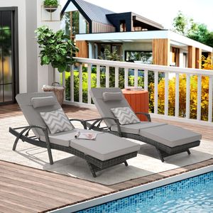 Ensemble de chaises longues inclinables à 150 degrés pour extérieur, longue chaise longue en osier avec 2 coussins pour la plage, la piscine, le jardin et la pelouse. - Product Image 2