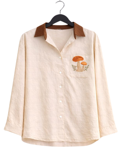 Conjunto de Dos Piezas para Mujer: Camisa Blanca y Pantalones Anchos Marrones, Estilo Casual de Algodón y Lino, con Bolsillo Bordado de Hongo, para Verano - Product Image 1