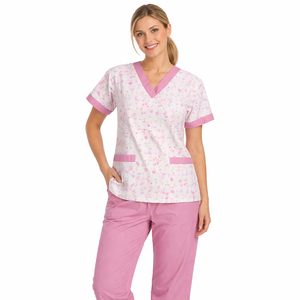 Floral Print Medical <b>Scrubs</b> Set Wholesale 4-Way Stretch Sublimation All-Over Print Custom Logo OEM Bulk Nurse Hospital Uniform - Product Image 1